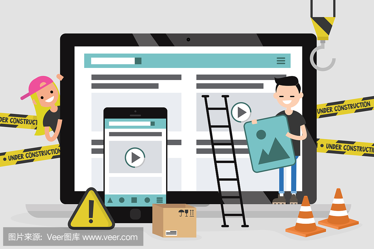 網(wǎng)頁(yè)設(shè)計(jì)和開(kāi)發(fā)。網(wǎng)站在建設(shè)中。一群年輕的專(zhuān)業(yè)人士在為一個(gè)登陸頁(yè)面工作。平面矢量插圖,剪輯藝術(shù)。千禧一代在起作用。數(shù)字創(chuàng)意產(chǎn)業(yè)。